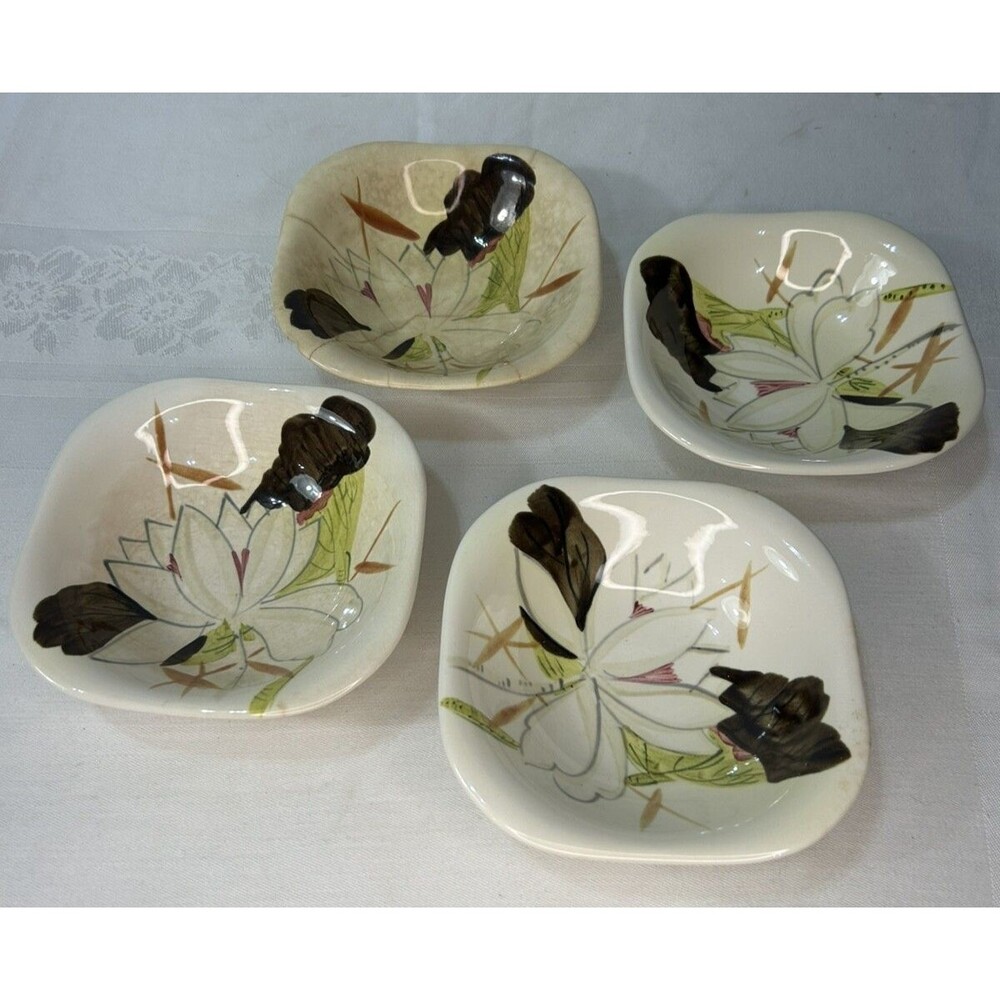 Vintage Red Wing Lotus Bronze Berry Salad Bowls Set 3 + 1 Bonus MCM Square USA